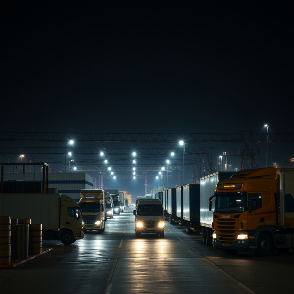 Industrial logistics hub working at night