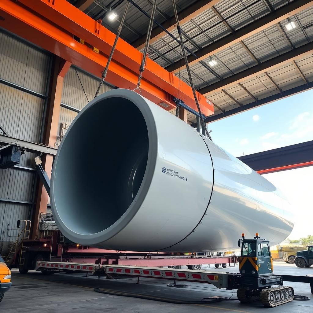 Large wind turbine blade transport in industrial facility
