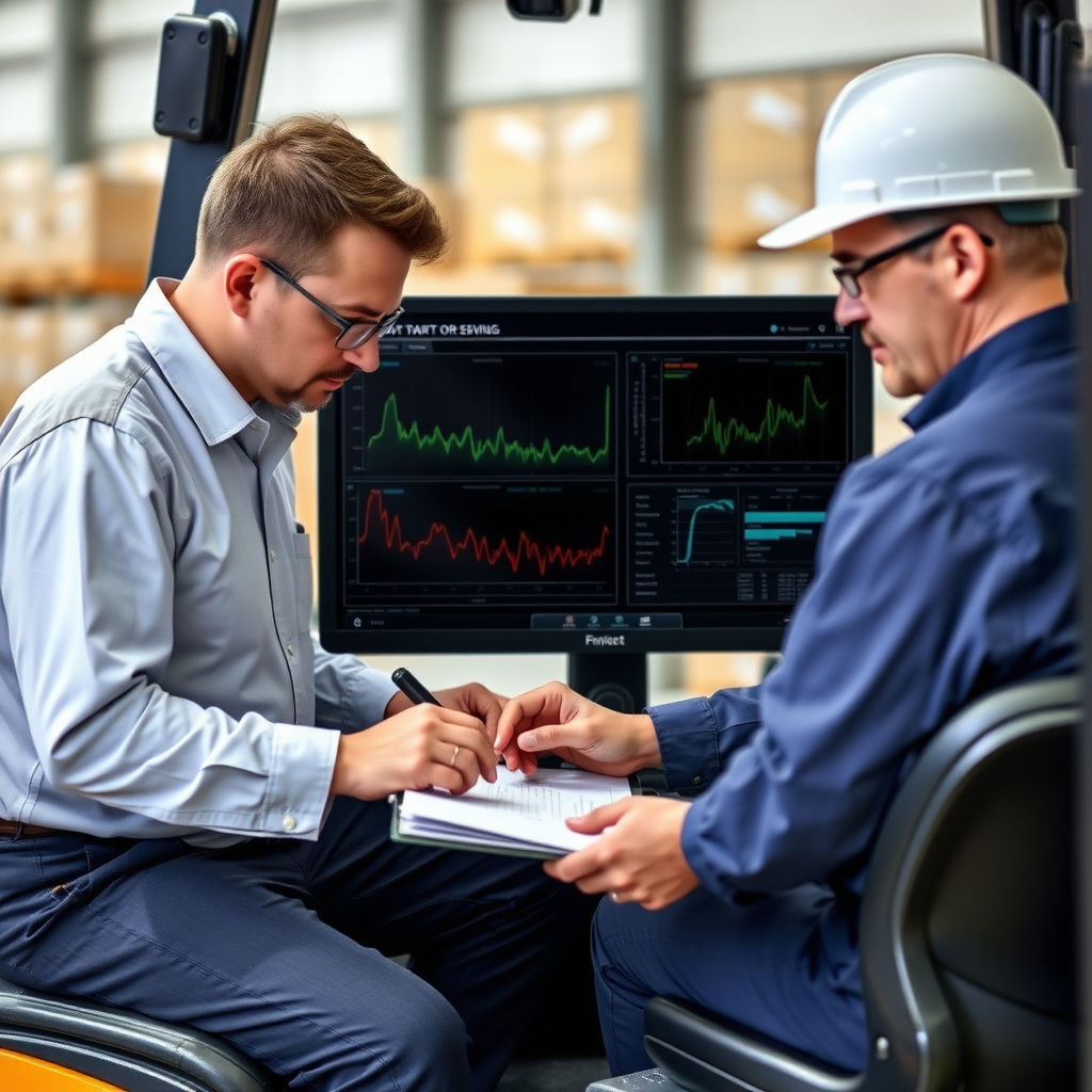 Engineers analyzing forklift data