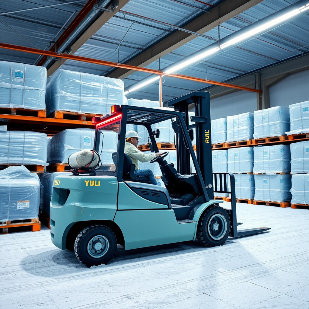 Cold storage facility with YULI forklift operating in deep freeze conditions