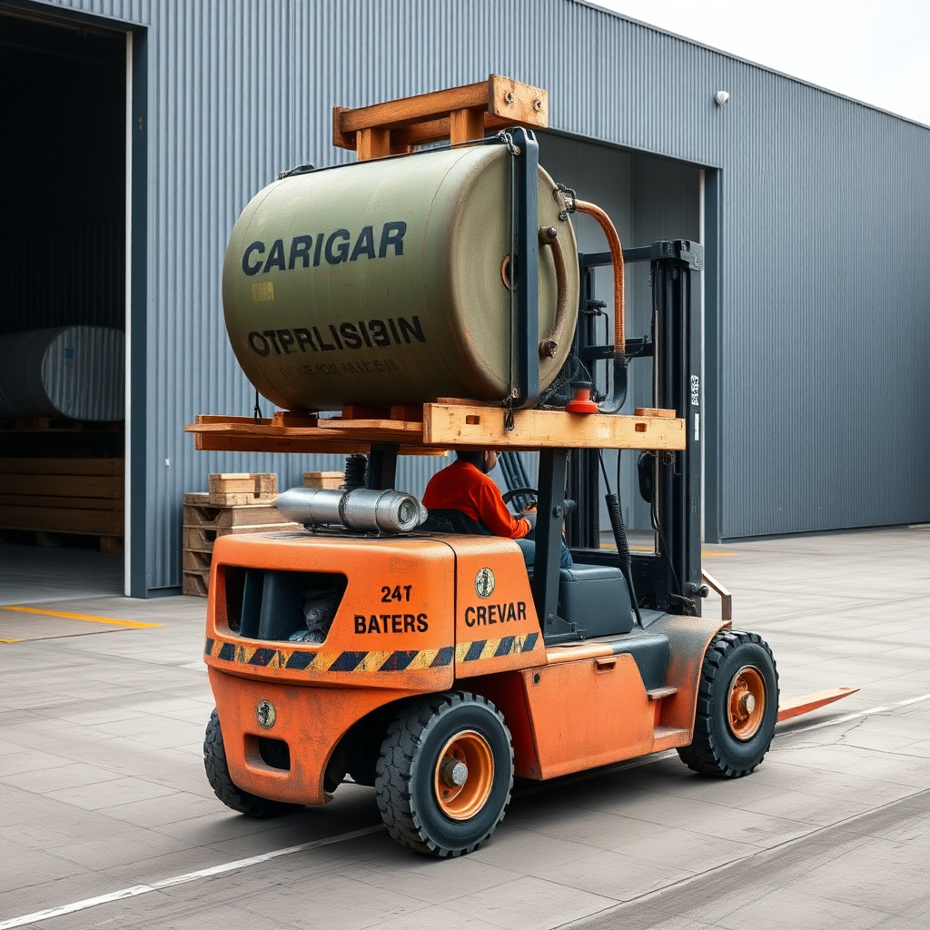 Heavy duty forklift carrying large industrial load