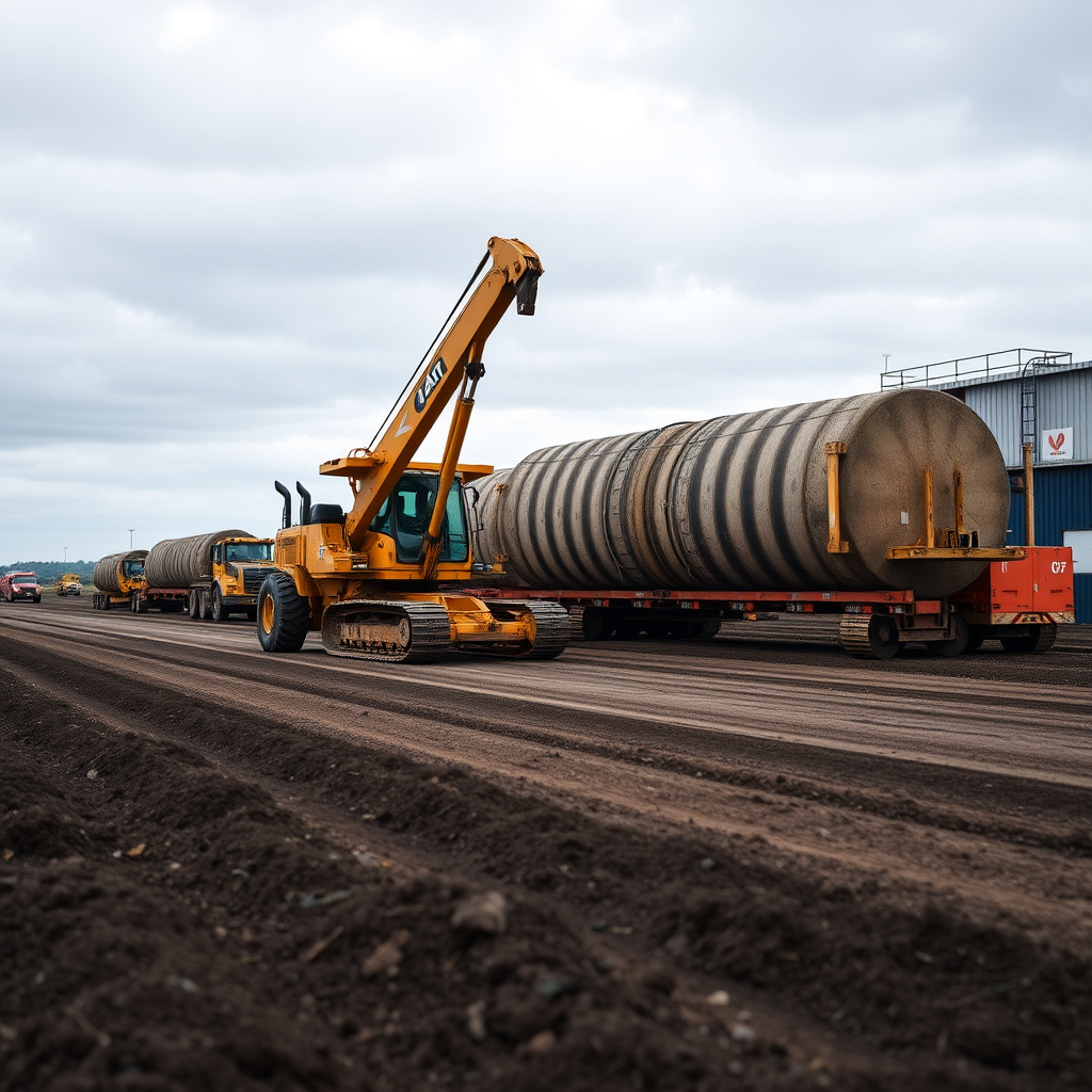 Industrial test field with heavy machinery moving large loads
